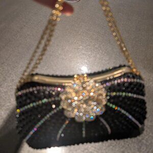 Neiman Marcus Rhinestone Black Floral Evening Clutch Handbag